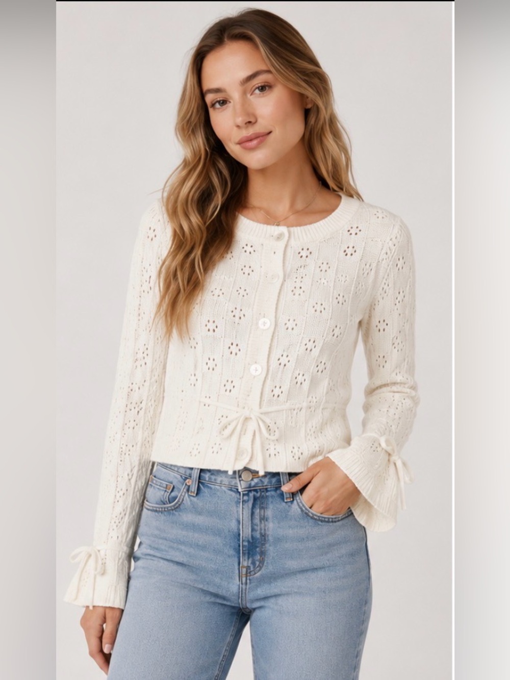 Market & Spruce Clover Pointelle Crewneck Cardigan NWT Women’s Medium White